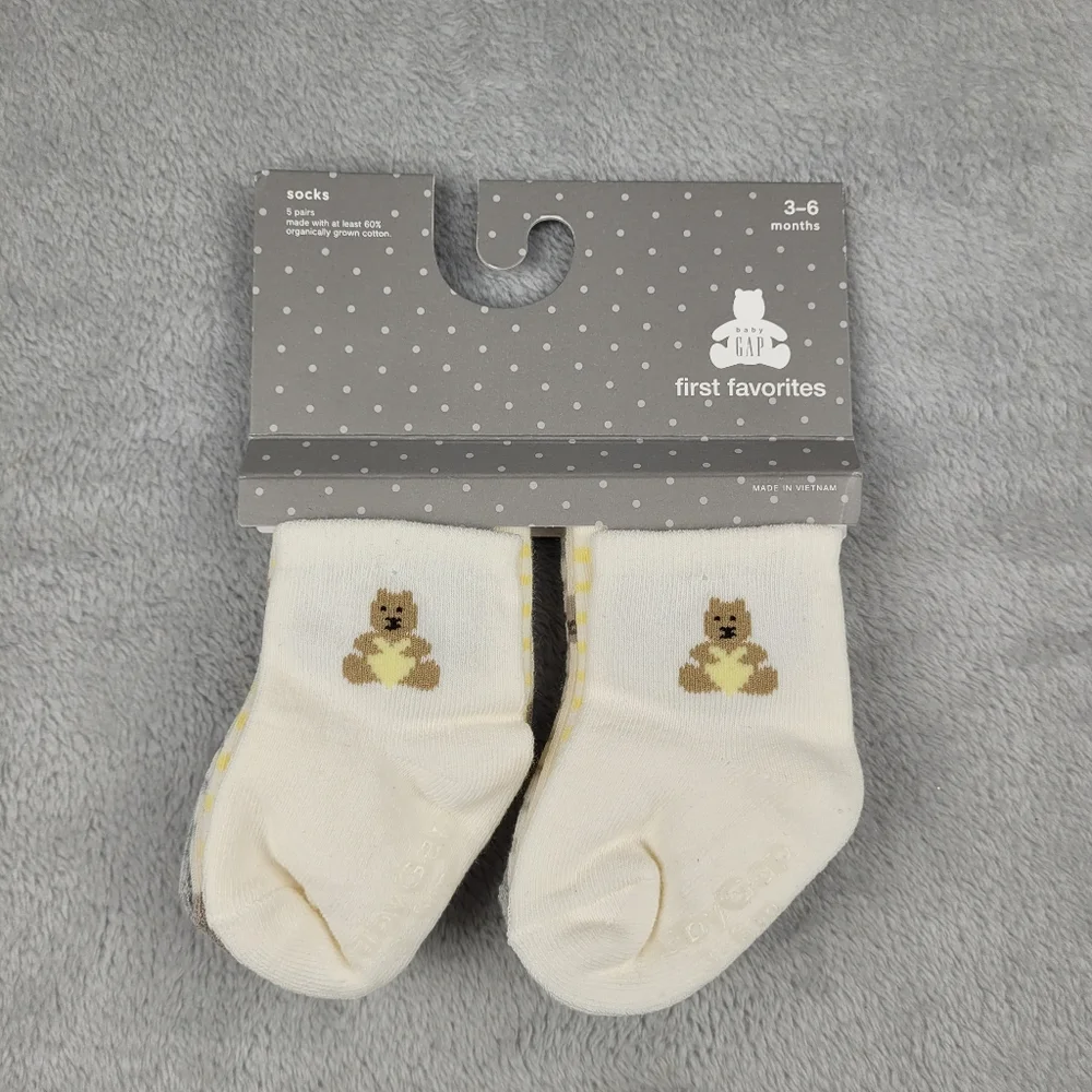 New Gap First Favorites Baby Socks 3-6 Months 5 Pairs Bears Neutral